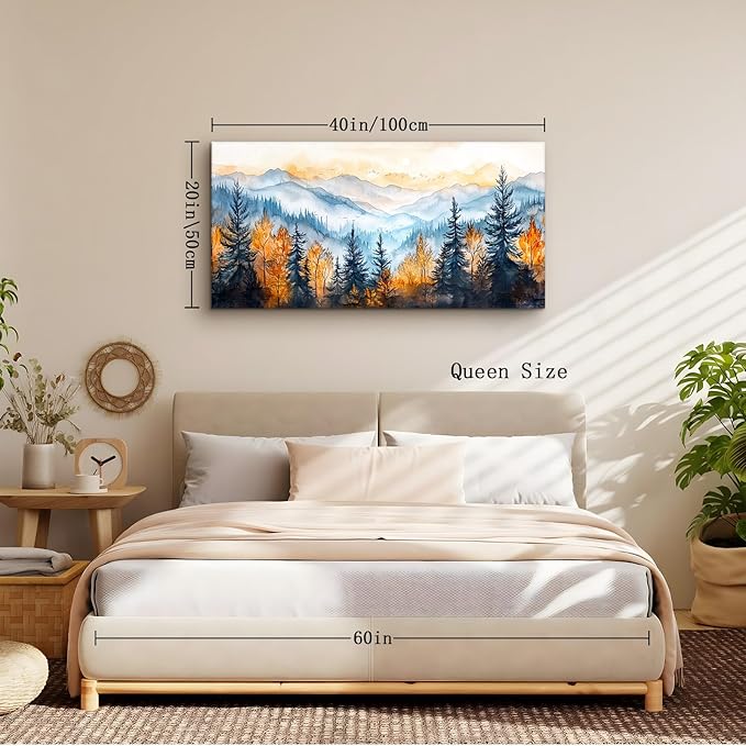 crmotu Mountain Wall Art, Forest Canvas Wall Art, Landscape Art Wall Decor, Autumn Pine Tree Aesthetic Nature Art Prints, Modern Watercolor Painting Wall Decor Living Room Bedroom Kitchen 20"X40"