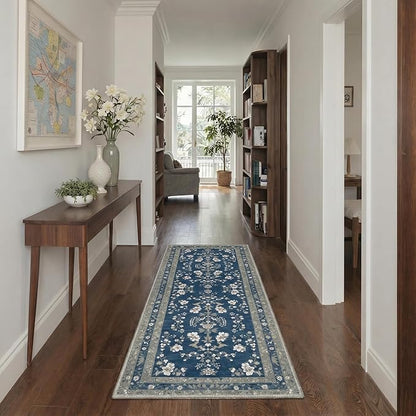 GENIMO Runner Rug 2x5 Non Slip Machine Washable Vintage Hallway Runner Rug, Low Pile Lightweight Rugs for Entryway, Hallway, Kitchen and Corridor, Dusty Navy