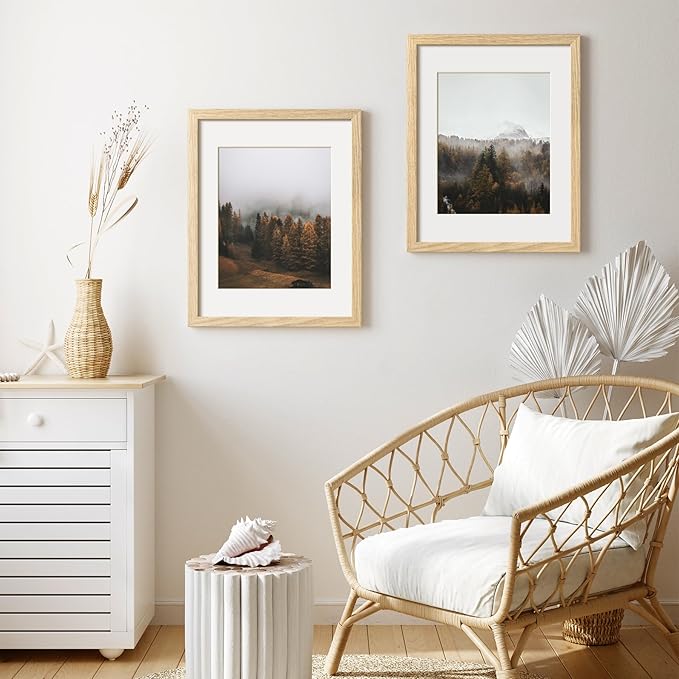 Yaetm 11x14 Oak Wood Picture Frame with Mat for 8x10 Set of 3, Natural Solid Wood 11x14 Frame with Tempered Glass for Wall Gallery & Home (3 Pack, Oak)
