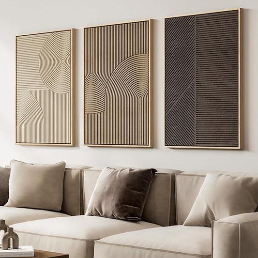 Large 3D Textured Framed Boho Neutral Abstract Wall Art for Living Room, 3 Piece Modern Artwork for Walls, Minimalist Beige Brown Tan Geometric Paintings for Hallway, Stair, Office Wall Decor 24x36 In