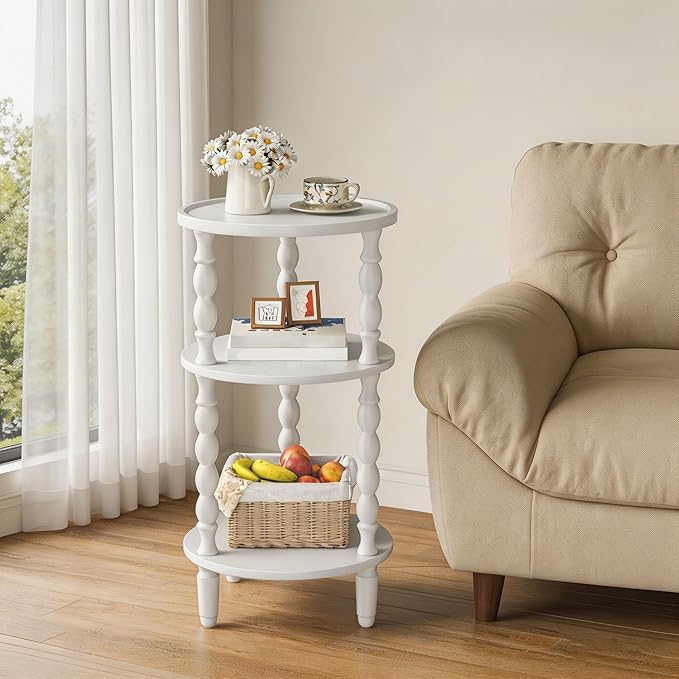HOOBRO Round Side Table for Small Space, 3-Tier Small Round End Table with Rubberwood Leg, Accent Bedside Table, Circle Nightstand, Living Room, Bedroom, Sofa Couch, White WT218BZ01