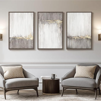 Framed Grey White Abstract Wall Art for Living Room, 3 Piece Large Gold Neutral Canvas Prints Artwork for Walls, Gray Modern Minimalist Paintings Pictures for Home Office Hallway Wall Decor, 24X36 In