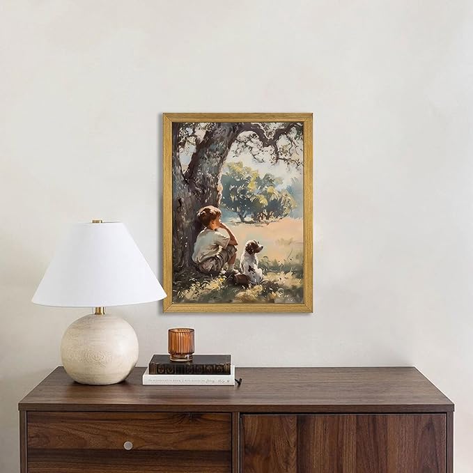 Wood Framed Canvas Wall Art, Vintage Boy and Dog Painting Poster, Countryside Pastoral Landscape Print Picture, Rustic Farmhouse Wall Decor for Living Room Bedroom Nursery 12x16 inch