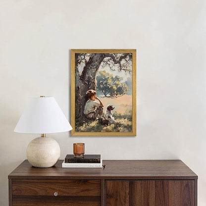 Wood Framed Canvas Wall Art, Vintage Boy and Dog Painting Poster, Countryside Pastoral Landscape Print Picture, Rustic Farmhouse Wall Decor for Living Room Bedroom Nursery 12x16 inch