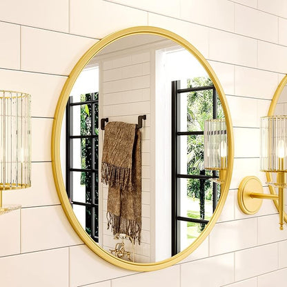 Growsun Gold Round Mirror, 24 inch Circle Wall Mirror for Bathroom Vanity, Entryway Living Room with Metal Frame for Home Decor
