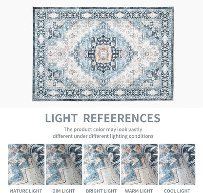 Washable 6×9 Area Rug for Living Room, Vintage Floral Rug Soft Non Slip Stain Resistant Boho Carpet for Indoor Bedroom Dinning Room Home Office Blue/Ivory