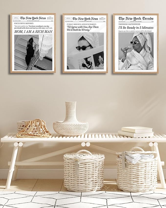 EcoHest 12x16 in Beige OAK Wood Framed Wall Art, Trendy Newspaper I'll Be Ready in 5 Minutes Print, Feminist Makeup Canvas Wall Art Home Decor, Retro Bathroom Decor, Set of 1 For Bedroom Living Room