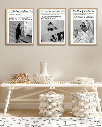 EcoHest 12x16 in Beige OAK Wood Framed Wall Art, Trendy Newspaper I'll Be Ready in 5 Minutes Print, Feminist Makeup Canvas Wall Art Home Decor, Retro Bathroom Decor, Set of 1 For Bedroom Living Room