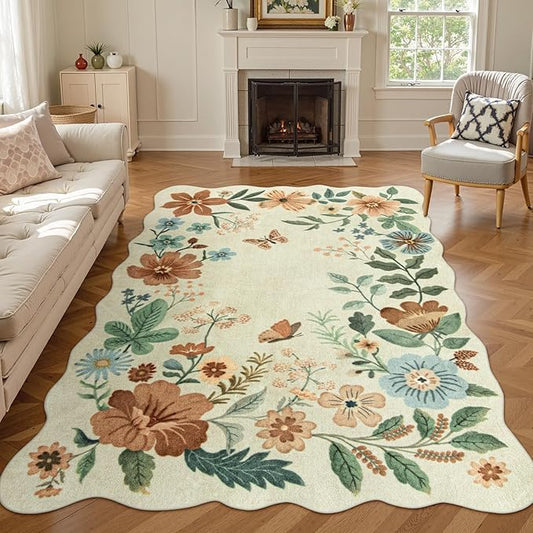Lahome Floral Living Room Rug, 5x7 Rugs for Bedroom Ultra-Thin Soft Washable Dining Room Rug, Non Slip Stain Resistant Boho Low-Pile Throw Carpet for ‎Office Flore (5x7ft,Beige)