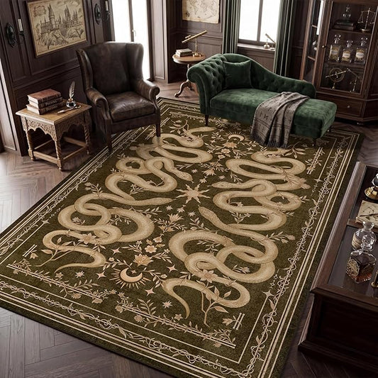 Garvee Snake Gothic 6x9 Area Rug Dark Whimsical Moody Witchy Unique Soft Thin Large Carpet for Living Room Bedroom Dining Room Playroom Indoor Decor Low Pile TPE Backing Brown
