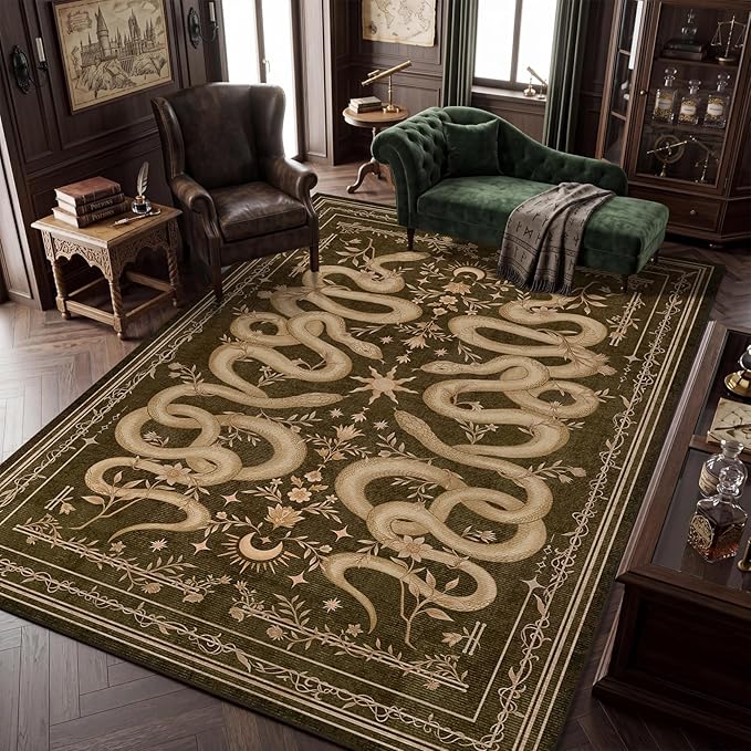 Garvee Snake Gothic 8x10 Area Rug Dark Whimsical Moody Witchy Unique Soft Thin Large Carpet for Living Room Bedroom Dining Room Playroom Indoor Decor Low Pile TPE Backing Brown