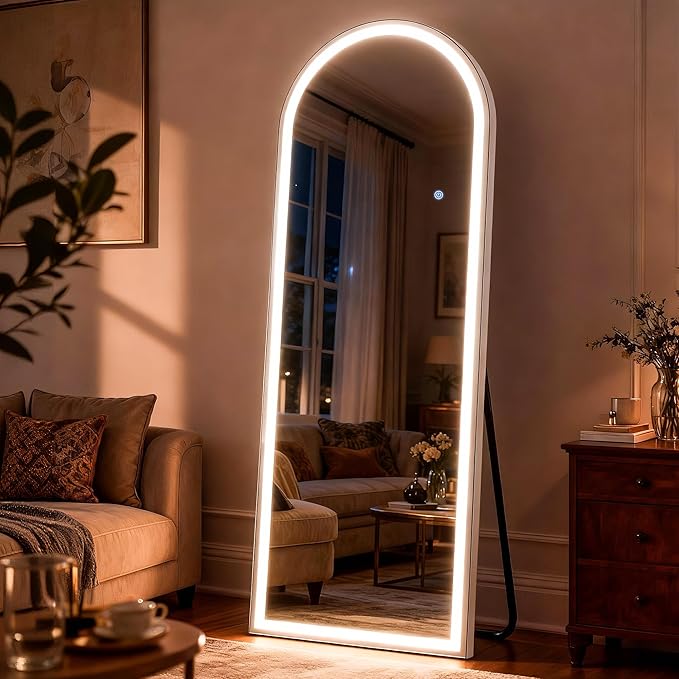 Arched LED Mirror Full Length - 64" x 21" Large Arch Floor Full Body Mirror with 3 Color Lights Brightness Adjustable, Standing Leaning for Bedroom, Dressing Room, Cloakroom, White