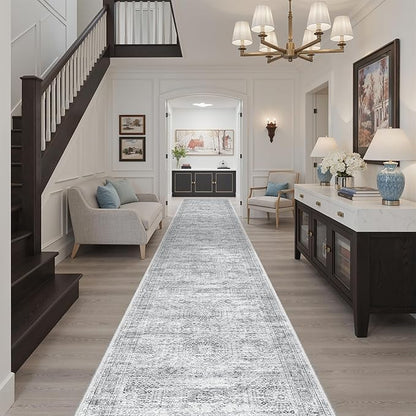 Soalmost Runner Rug 2'6" x 14' Washable Non-Slip Runner Rugs for Kitchen Bathroom Laundry Room Vintage Ultra Thin Runners for Hallway Entryway Grey