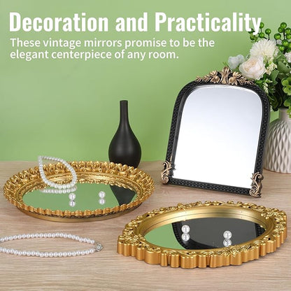 YEXEXINM 3 Styles Vintage Gold Mirror Set Decorative Antique Mirrors for Wall Hanging Vanity Table Mirrors with Stand Resin Frame Retro Mirror for Living Room, Bedroom, Dresser & Photography Decor