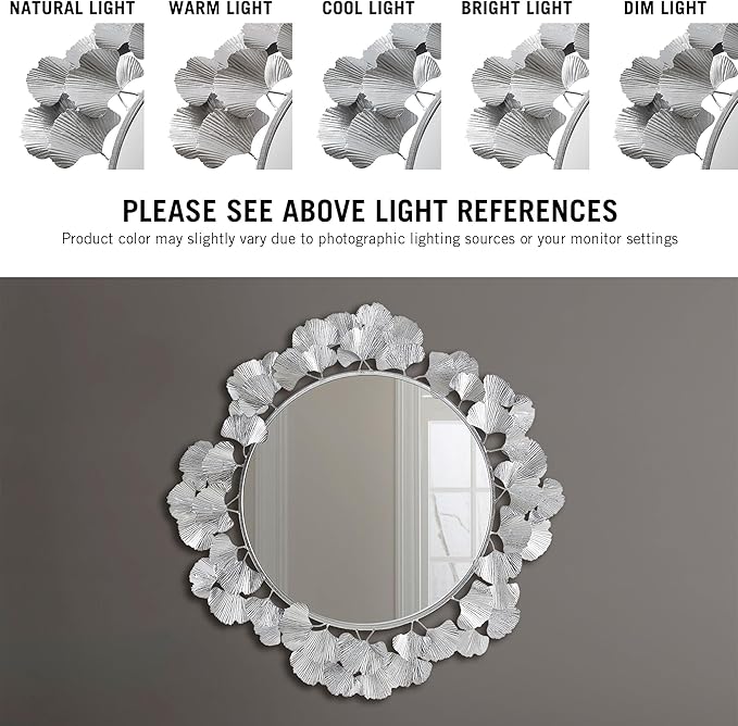 Martha Stewart Wall Décor Large Gingko Leaf Round Wall Mirror for Living Room, Iron Metal Plate Frame Antique Finish, Ready to Hang Bedroom Decoration, Eden, 30.5", Silver
