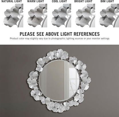 Martha Stewart Wall Décor Large Gingko Leaf Round Wall Mirror for Living Room, Iron Metal Plate Frame Antique Finish, Ready to Hang Bedroom Decoration, Eden, 30.5", Silver
