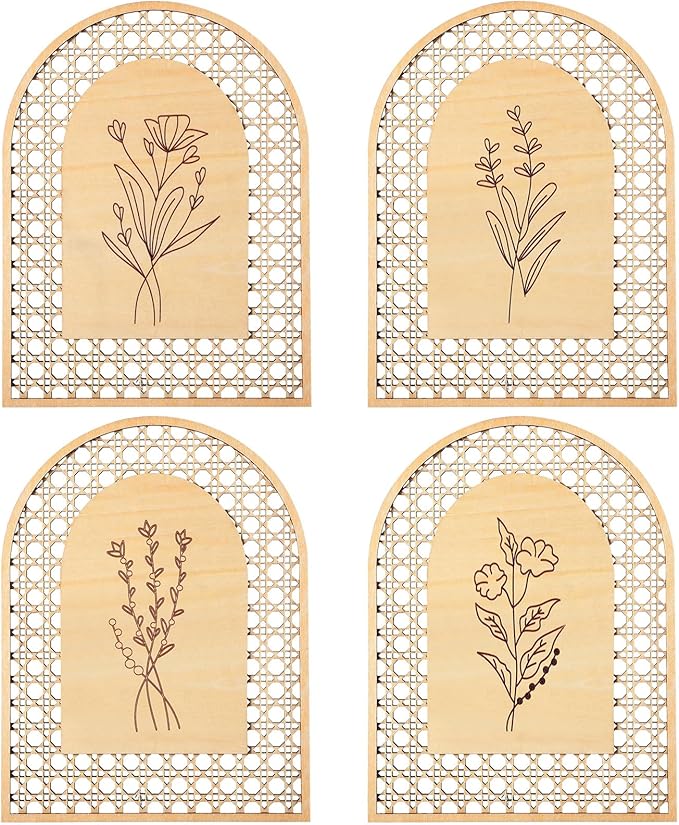 Wesiti 4 Pcs Rattan Wooden Boho Wall Decor Floral Natural Room Wall Art Aesthetic Nursery Farmhouse Hanging Decor for Bedroom Living Room Office