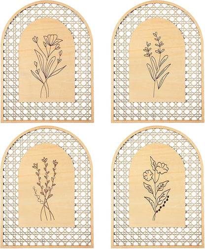 Wesiti 4 Pcs Rattan Wooden Boho Wall Decor Floral Natural Room Wall Art Aesthetic Nursery Farmhouse Hanging Decor for Bedroom Living Room Office