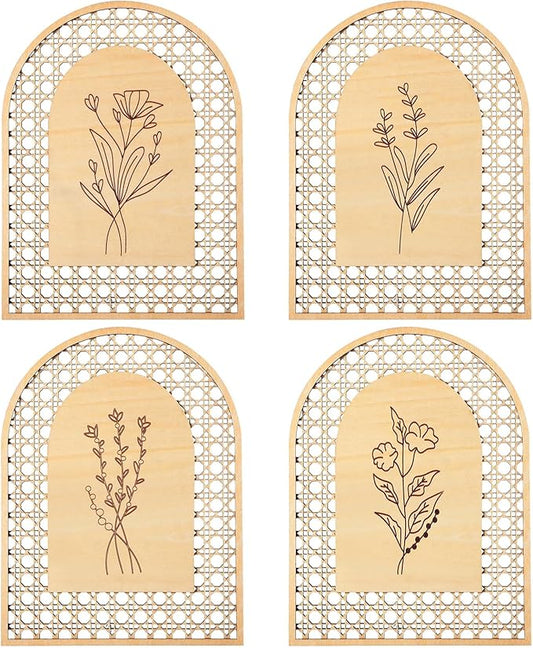 Wesiti 4 Pcs Rattan Wooden Boho Wall Decor Floral Natural Room Wall Art Aesthetic Nursery Farmhouse Hanging Decor for Bedroom Living Room Office