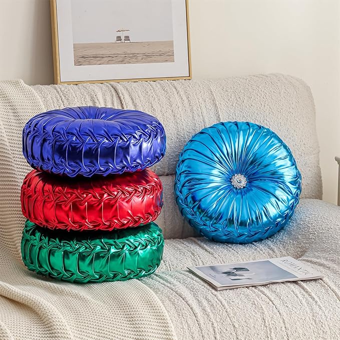 Round Throw Pillows, Soft Spandex Fabric Pumpkin Pleated Handmade Metallic Decorative Throw Pillows Floor Pillows Cushion for Sofa Couch Bed Living Room Chair Decoration, ﻿Blue