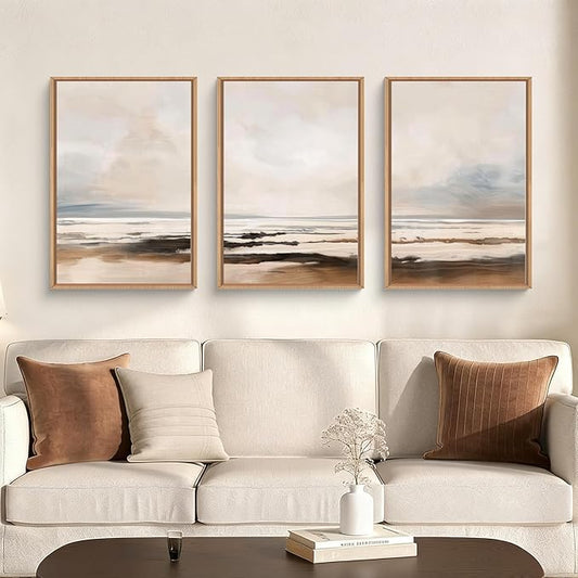 HOURIA Large Neutral Abstract Gray Framed Wall Art Set,Minimalist Modern Beige Brown Landscape Wall Decor,Wilderness Filed Artwork,Watercolor Misty Lake Print for Living Room,Bedroom,Office- 24"x36"x3
