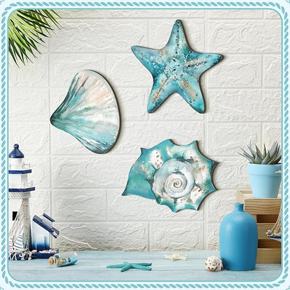 Tatuo 3 Pcs Summer Coastal Wall Decor Bathroom Beach Blue Wall Art Sea Turtle Surfboard Seahorse Starfish Seashell Conches Crabs Sea Life Decor for Bedroom Home (Shells,Conch,Starfish)