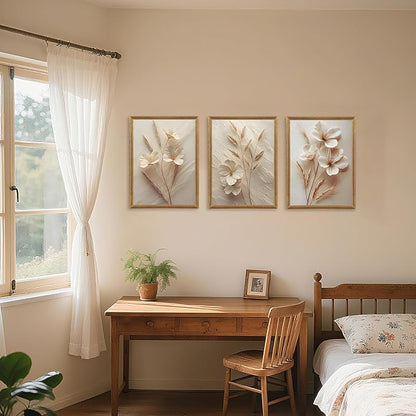 FYLDPSB 3Pcs Framed Neutral Beige Floral Canvas Wall art, Modern Simple Texture Plant Painting Wall Decor, Vintage Flower Poster Prints for Living Room Bedroom Farmhouse Ready to Hang 24''L x 16''W
