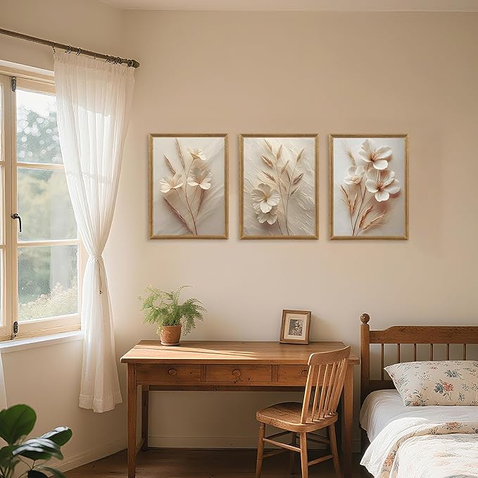 FYLDPSB 3Pcs Framed Neutral Beige Floral Canvas Wall art, Modern Simple Texture Plant Painting Wall Decor, Vintage Flower Poster Prints for Living Room Bedroom Farmhouse Ready to Hang 16''L x 12''W