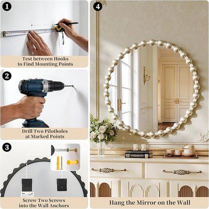 Round Vanity Mirror for Wall, 28 Inch Beaded Frame Circle Mirror for Bedroom Dresser, Bathroom, Entryway, Living Room, Decorative Hanging Wall Mirror, Silver