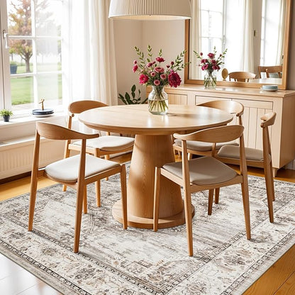 5x5 Area Rug Washable Living Room Rugs: 5ft Square Ultra Thin Soft Oriental Area Rugs Non-Slip Backing Farmhouse Rug Low Pile Thin Stain Resistant Indoor Carpets, 5' x 5' Beige