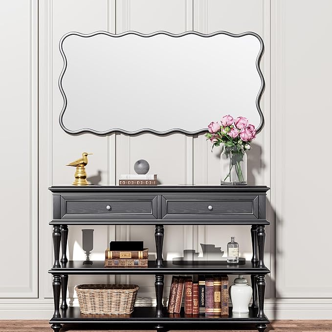 PROHOMEWARE 24 * 48" Black Bathroom Mirror for Wall,Wavy Rectangular Mirror,Vanity Mirror,Bathroom Mirrors for Wall-Mounted Metal Frame Mirror for Bedroom Entryway Living Room Farmhouse (Black)