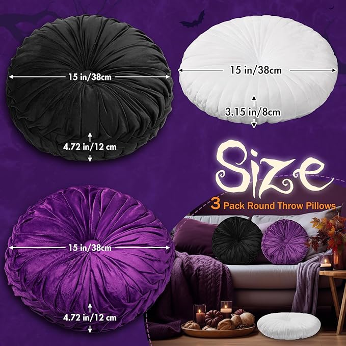 Beeveer 3 Pcs Round Throw Velvet Pillows Classy Accent Pumpkin Throw Pillows 15 Inch Decorative Cushion for Couch Chair Bed Car, 2 Styles(Black, Purple, White)