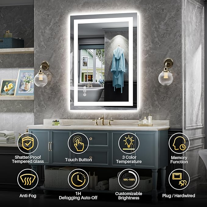 Briivue 24x32 Inch LED Bathroom Mirror with Lights, Backlit & Front Lit, Anti-Fog Lighted Bathroom Vanity Mirror for Wall, Memory Function, Dimmable, HD Tempered Glass, Shatter-Proof