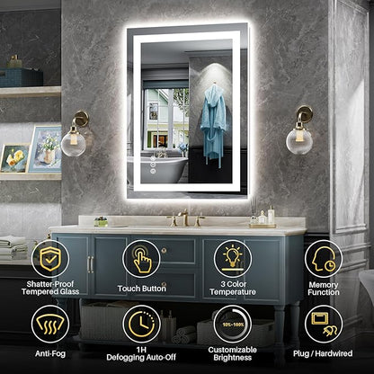 Briivue 24x32 Inch LED Bathroom Mirror with Lights, Backlit & Front Lit, Anti-Fog Lighted Bathroom Vanity Mirror for Wall, Memory Function, Dimmable, HD Tempered Glass, Shatter-Proof