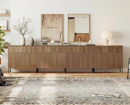 WAMPAT Large Fluted TV Stand TVs up to 120 inch, 126" W Modern TV Entertainment Center with Storage and 4 Drawers & 8 Doors, Wood Media TV Console Table with Storage for Living Room, Light Walnut