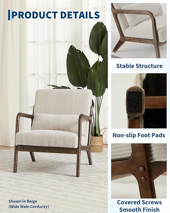 Garvee Mid-Century Modern Accent Chair, Wide-Wale Corduroy Upholstery, Solid Wood Armchair with Removable Lumbar Pillow, Sturdy Reading Chair for Living Room, Bedroom, Guest Room, Easy Assembly, Beige