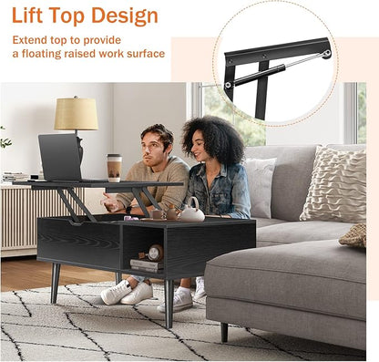 Sweetcrispy Coffee Table Lift Top Coffee Tables for Living Room,Small Rising Wooden Center Tables with Storage Shelf and Hidden Compartment, Black