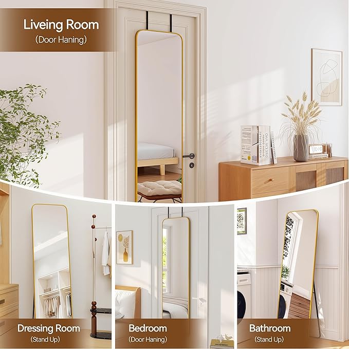 NARCISSUS 57x16 Mirror Door Hanging Full Length Body with Floor Stand or Wall Mounted Metal Aluminum Frame Tempered Glass Rectangle Mirrors for Bedroom Dressing Living Room Bathroom 57 inch Gold