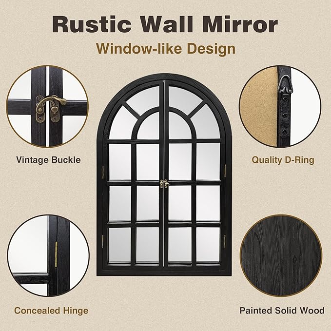 Arched Window Mirrors for Wall, Wooden Rustic Farmhouse Mirror for Wall Decor 24 x 36 Black, Decorative Wall Mirror Arch for Living Room, Bedroom, Bathroom, Fireplace, Farmhouse