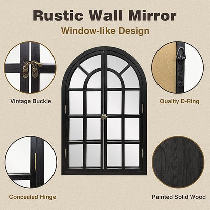 Arched Window Mirrors for Wall, Wooden Rustic Farmhouse Mirror for Wall Decor 24 x 36 Black, Decorative Wall Mirror Arch for Living Room, Bedroom, Bathroom, Fireplace, Farmhouse