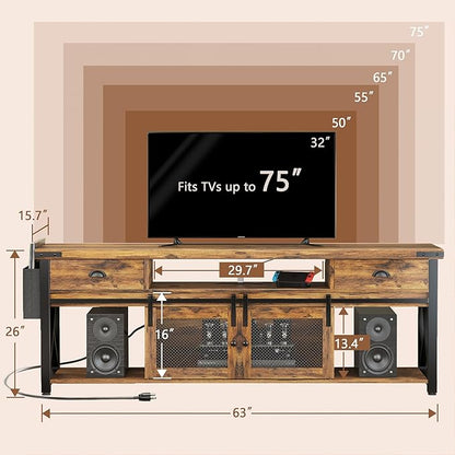 TV Stand for TV up to 75 Inches,Farmhouse Entertainment Center with 2 Drawers & Storage Cabinets, Industrial Media Console Table with Small Speaker Stand for Living Room, Bedroom, Rustic Brown
