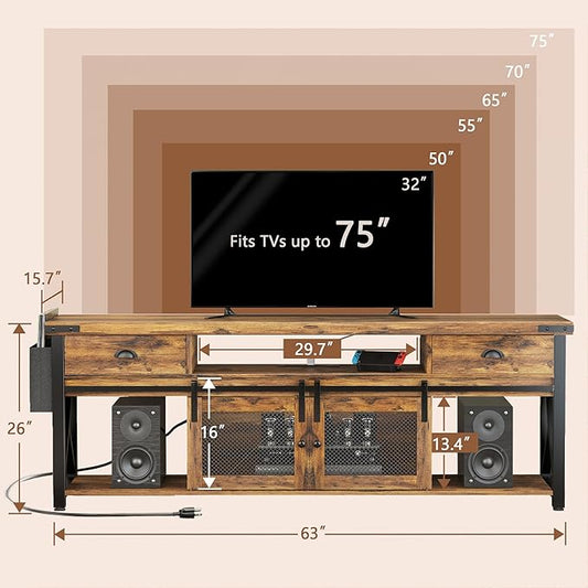 TV Stand for TV up to 75 Inches,Farmhouse Entertainment Center with 2 Drawers & Storage Cabinets, Industrial Media Console Table with Small Speaker Stand for Living Room, Bedroom, Rustic Brown