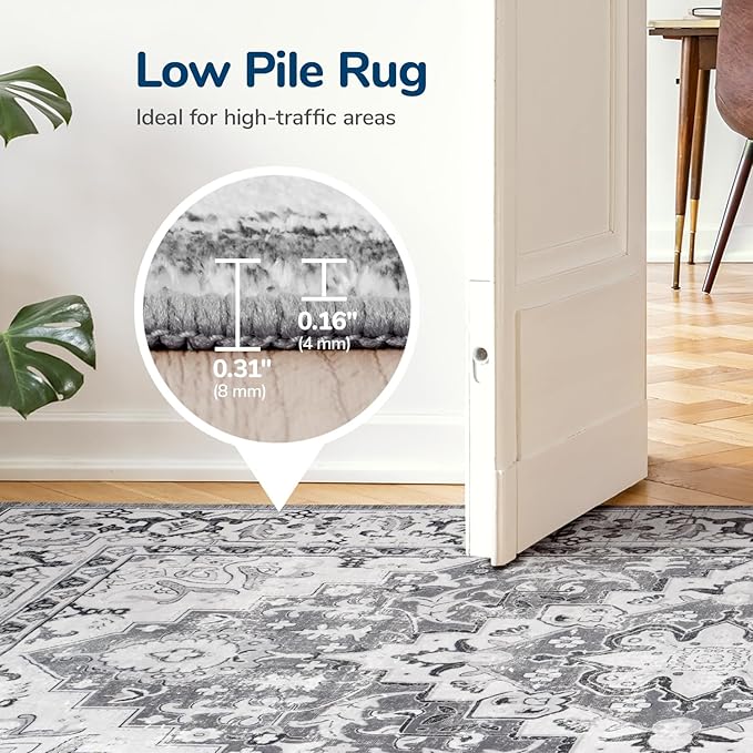 Lessymo 2 x 6 Runner Rug for Hallway, Machine Washable Entryway Rugs Boho Faux Wool Low Pile Long Rug for Bedroom, Floral Medallion Vintage Rugs with Non-Slip Rubber,Grey Beige