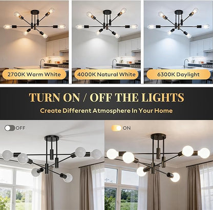 6-Light Sputnik Light Fixture, Solid Matte Black Mid-Century Modern Chandelier for Dining Room, Kitchen, Living Room, Bedroom