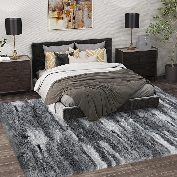 Shag Rugs for Living Room 8x10, Ultra Soft Abstract Grey Big Fuzzy Rugs for Bedroom, 8 x 10 Fluffy Shaggy Plush Carpet Girls Kids Room Dorm Upgrade Non-Slip
