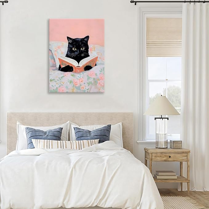 Framed Cats Canvas Wall Art, Funn Black Cat Reading Books Picture Wall Decor, Pink Vintage Animal Poster Prints for Girls Room Bedroom Kids Room Living Room Bathroom Decor 16x24 inch