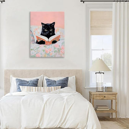 Framed Cats Canvas Wall Art, Funn Black Cat Reading Books Picture Wall Decor, Pink Vintage Animal Poster Prints for Girls Room Bedroom Kids Room Living Room Bathroom Decor 12x16 inch