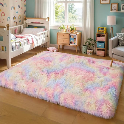 KICHOWUA Thick Area Rug 5x8 Unicorn Fluffy Shag for Girls Bedroom, Rainbow Soft Fuzzy Furry Shaggy Pastel Rug for Living Room,Thickened Washable Non Slip Princess Kids Nursery Boys Dorm Room Carpets