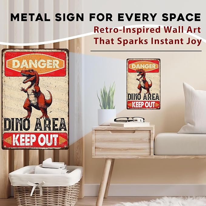 Dinosaur Vintage Tin Sign Danger Dinosaur Area Keep Out Funny Sign for Boys Room 8x12inch