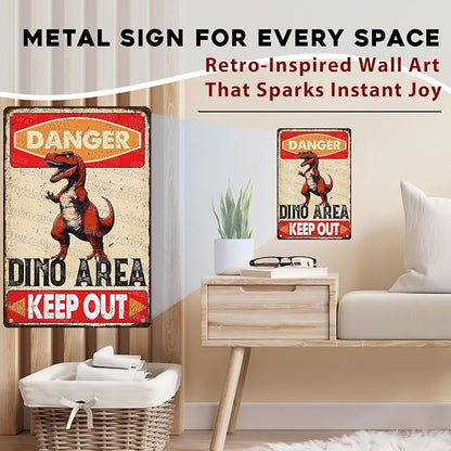 Dinosaur Vintage Tin Sign Danger Dinosaur Area Keep Out Funny Sign for Boys Room 8x12inch